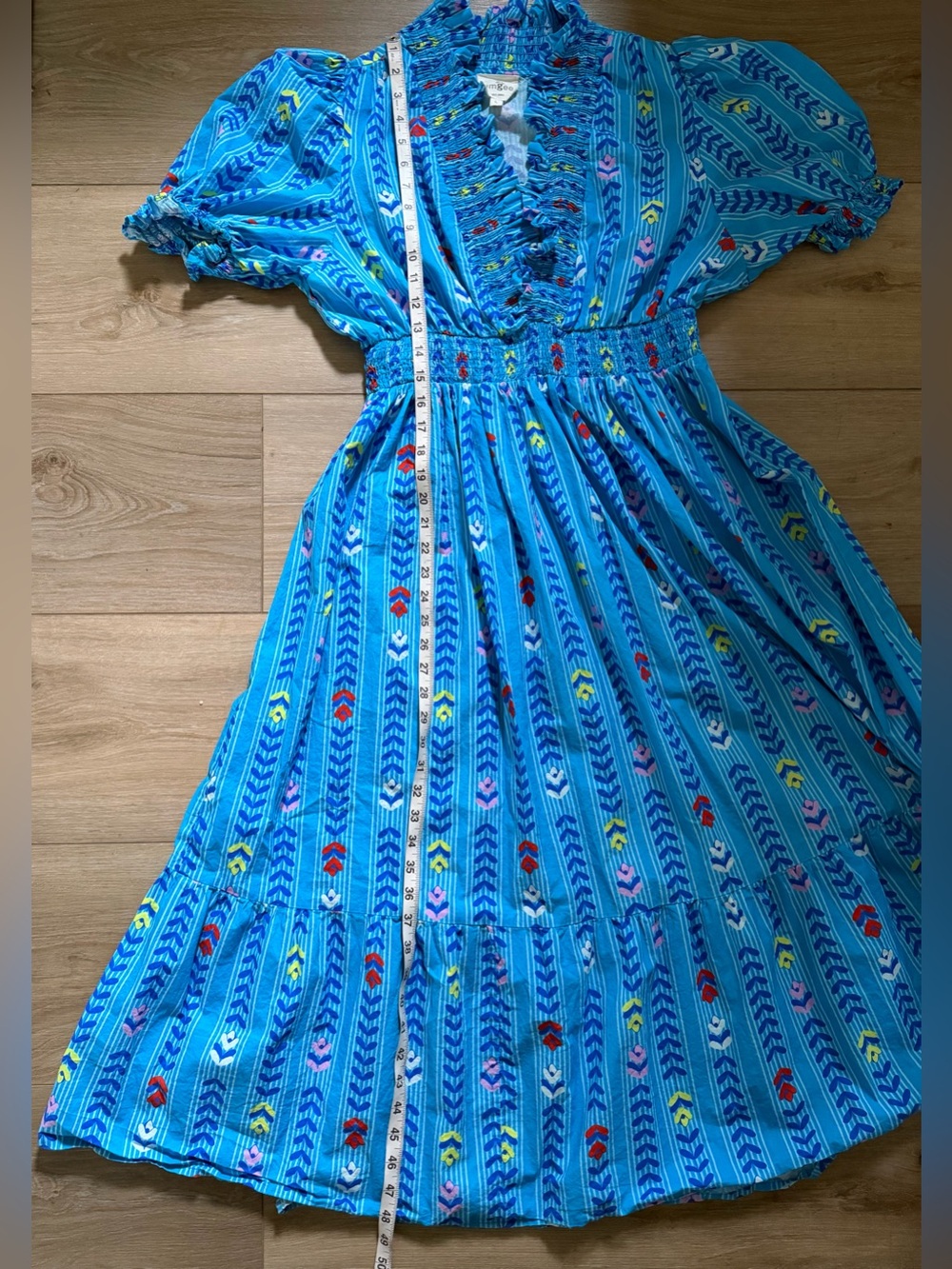 UMGEE Blue Mix Puff Sleeve Smocked Ruffle Neck Midi Dress EUC - Picture 3 of 6